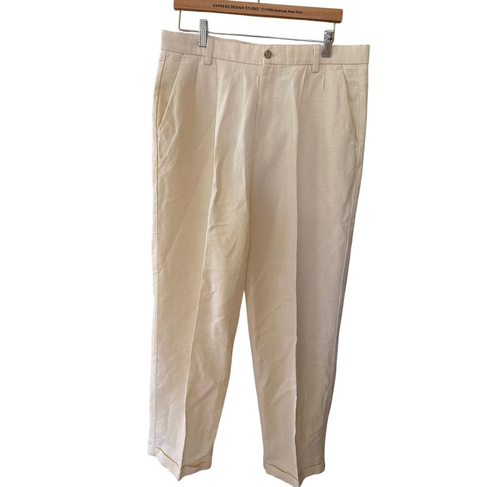Dockers Linen Pants Men's Size 32x32 Cream Trousers Cuffed Pleated Preppy Office